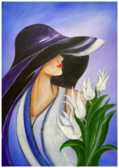 großer dunkler Hut, blau violettes gestreiftes Kleid, weiße Tulpen, seitlicher Blick, Profilbild