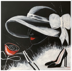 schwarze Leinwand, großer schwarzer Hut, große weiße Schleife am Hut, schwarze Absatzschuhe gemalt, Pumps, rote abstrakte Tulpe und schwarz weiße Perlenkette 