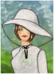 großer weißer Hut, weißes Kleid mit schwarzer Schleife, grüner Hintergrund