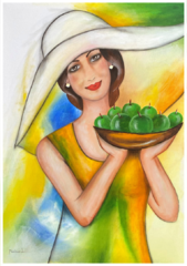 blau, gelg, grüner Hintergrund, großer weißer Hut, blau, gelb, grünes Kleid, Frau hält Obstschale in der Hand mit grünen Äpfeln