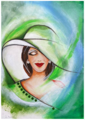 grün, weiß, blauer Hintergrund, großer grüner Hut und grünes Kleid , grüne Perlenkette, geschlossene Augen