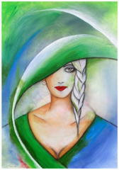 blau, grün, weißer Hintergrund, großer grüner Hut, grün blaues Kleid, großer langer blonder Zopf