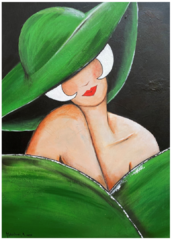 Modisch grün, grünes Kleid und grüner Hut, Kopf seitlich geneigt, weißes Haar von Antje Meischner