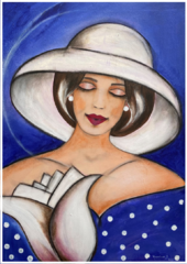 Verträumt, blaues Kleid mit weißen Punkten, weiße Tulpe, großer weißer Hut