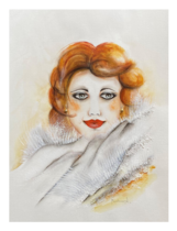 Frau mit Pelzumhang und rotem Haar