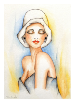 Frau mit weißem Hut und schwarzem Kleid, seitlicher Blick