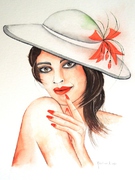 zarter Blick, weißer Hut, Schulter nach oben gezogen