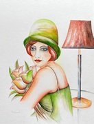 Frau mit Blumen im Arm und grünem Hut