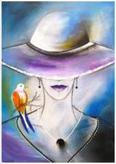 blau und violettes Kleid, Großer Hut blau und violett, Vogel auf der Schulter, große Perle als Halskette