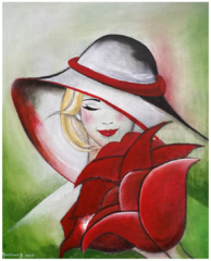 großer weißer Hut mit rotem Streifen, rote Tulpen abstrakt, grünes Kleid