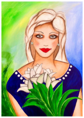 Blaues Kleid mit Punkten, blondes langes Haar, weiße Tulpen