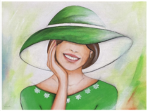 Dame mit großem grünen Hut und Kleid, Gesicht in die Hand gestützt