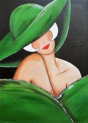 Kunst Atelier, Künstlerin, Malerei, Frauenporträt, Moderne Frau in der Kunst, Hut, weiße Haare, grünes Kleid, grüner Hut